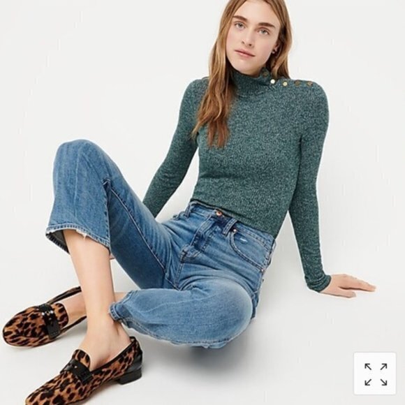 JCREW Button-shoulder ribbed turtleneck Knit top‎ Green Womens Size L - Picture 1 of 8